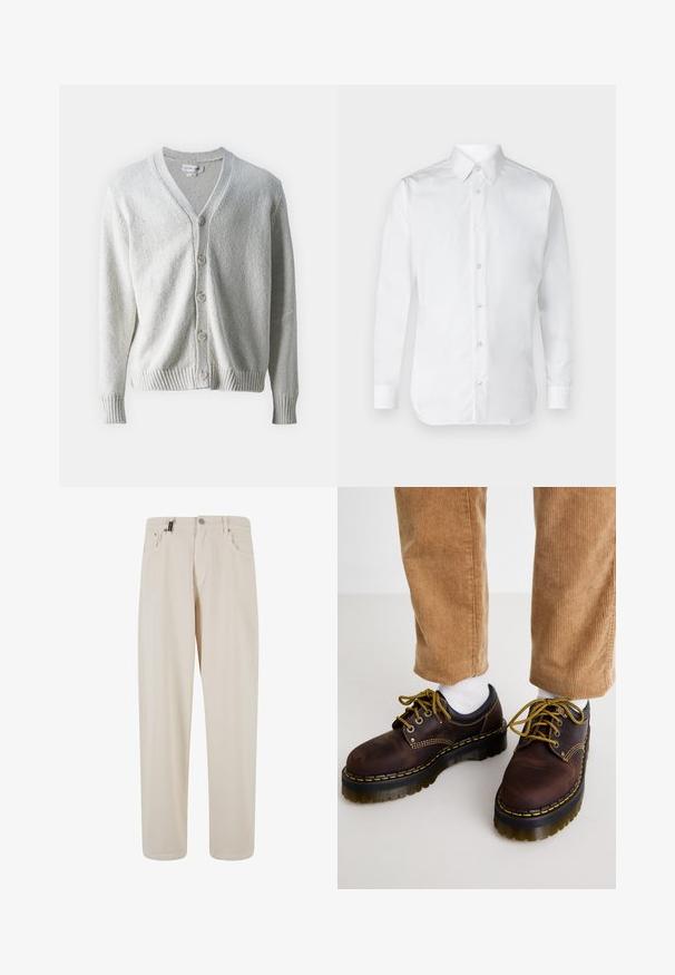 Samsøe Samsøe SAYAMA CARDIGAN - Jopica - clear cream; Bela srajca z dolgimi rokavi, iz gladkega bombažnega materiala, s klasičnim ovratnikom in subtilnim sijajem. Pet gumbov spredaj.; Bež bombažne hlače s ravnim krojem, ki imajo sprednje žepe in gumbasto zapiranje. Gladka tekstura z minimalnimi detajli.; Rjave usnjene čevlje z rumenimi šivi, okroglo konico, debele platforme in kontrastnimi črnimi detajli. Nosijo jih z belimi nogavicami in kord pantolonami.