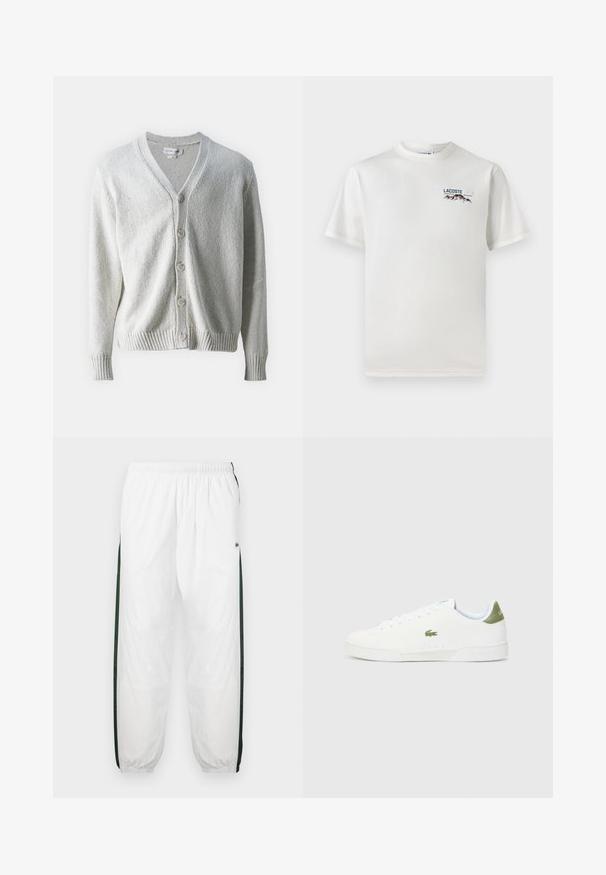 Samsøe Samsøe SAYAMA CARDIGAN - Cardigan - clear cream; Hvid bomulds-T-shirt med rund halsudskæring, korte ærmer og et lille broderet logo med bjerge og tekst på venstre bryst.; Hvide træningsbukser med mørkegrønne sidelæg. Letvægtsmateriale, elastisk talje og manchetter ved benene. Har mesh-struktur på sidelæggene.; Hvide sneakers med en glat overflade, der har en grøn detalje ved hælen og et lille broderet krokodillelogo på siden.