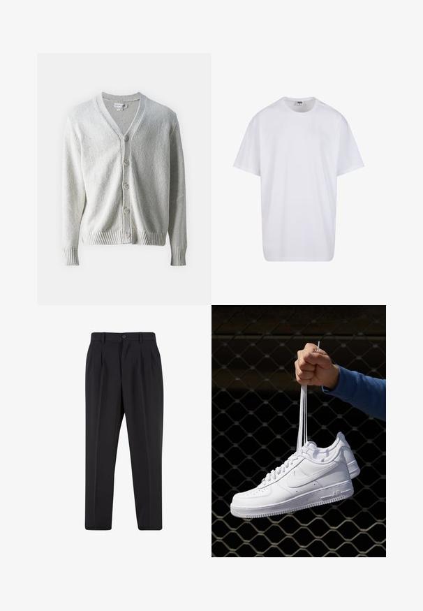 Samsøe Samsøe SAYAMA CARDIGAN - Strickjacke - clear cream; Weiße Baumwoll-T-Shirt mit kurzen Ärmeln, rundem Ausschnitt, lockerer Passform und ohne sichtbare Logos oder Muster. Glatte Textur und minimalistisches Design.; Schwarzes Denim-Hemd mit langen Ärmeln, klappbarem Kragen, Knopfverschluss und einer Brusttasche. Ausgestattet mit silbernen Druckknöpfen und einer lockeren Passform.; Schwarze Hose mit plissiertem Vorderdesign, aus glattem Stoff gefertigt. Mit Knopfverschluss und Gürtelschlaufen; gerade Passform.; Weiße Leder-Sneaker mit Perforationen, runder Zehenpartie, flacher Sohle und dicken Schnürsenkeln, mit sichtbar eingesticktem Swoosh-Logo und "AIR" an der Ferse.