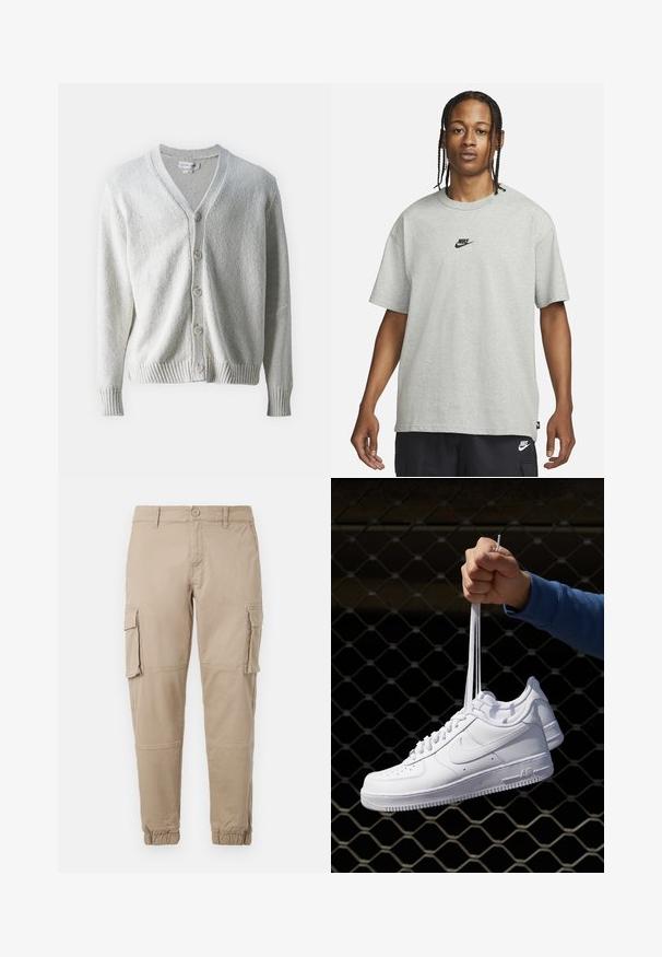 Samsøe Samsøe SAYAMA CARDIGAN - Strickjacke - clear cream; Junge Person mit geflochtenem Haar, die ein hellgraues Nike-T-Shirt und schwarze Nike-Shorts trägt, vor einem einfarbigen weißen Hintergrund.; Beige Cargo-Hosen aus leichtem Baumwollmaterial. Mit elastischen Bündchen, mehreren Seitentaschen und einem Knopfverschluss.; Weiße Leder-Sneaker mit Perforationen, runder Zehenpartie, flacher Sohle und dicken Schnürsenkeln, mit sichtbar eingesticktem Swoosh-Logo und "AIR" an der Ferse.