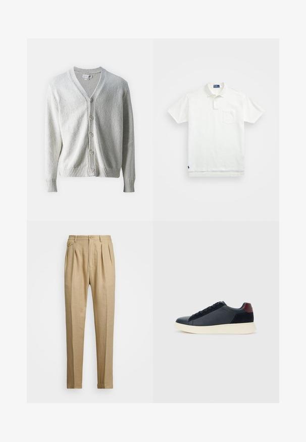 Samsøe Samsøe SAYAMA mleczny; Biała koszulka polo wykonana z bawełny, z klasycznym kołnierzykiem, trzema guzikami oraz kieszonką na lewym piersi; małe logo na dolnym brzegu.; Beżowe lniane spodnie o prostym kroju, z dwoma fałdami z przodu, z zapięciem na guzik i kieszeniami po bokach. Teksturowana tkanina o gładkim wykończeniu.; Niskie męskie sneakersy z czarnej skóry i zamszu, z bordową pętlą na pięcie i białą gumową podeszwą, widziane z zewnętrznej strony.