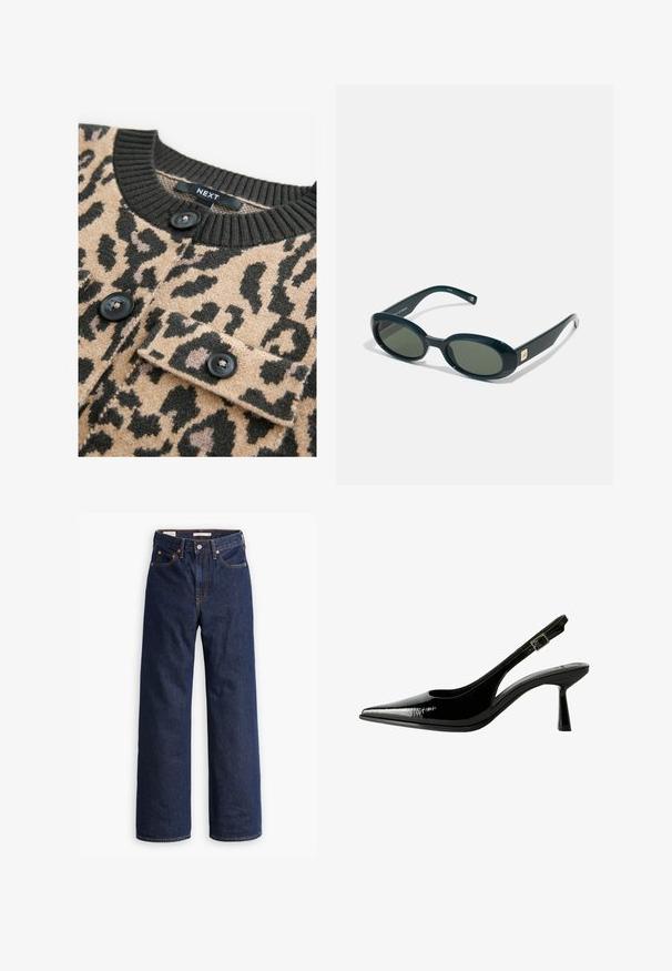 Beżowy sweter z czarnym nadrukiem w panterkę, prążkowany czarny dekolt oraz czarne guziki; posiada kieszeń na piersi z klapką.; Biała koszula zapinana na guziki z ostro zakończonym kołnierzykiem, długimi rękawami i małym niebieskim logo na lewej stronie klatki piersiowej. Wykonana z bawełnianej tkaniny.; Granatowe dżinsy o prostym kroju z pięcioma kieszeniami, pomarańczowym przeszyciem i zapięciem na guzik.; Czarne lakierowane pantofle na obcasie typu slingback z ostrym noskiem, wyciętymi bokami, regulowanym paskiem na kostce i cienkim, smukłym obcasem.; Owalne okulary przeciwsłoneczne z ciemnozielonego plastiku, z przyciemnianymi soczewkami i złotym prostokątnym akcentem na oprawce. Gładka faktura i elegancki design.