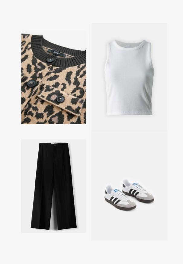 Bež pulover z črnimi leopardjimi lisami, rebrastim črnim ovratnikom in črnimi gumbi; ima žep na prsih z flapom.; Bela rebrasta majica brez rokavov z okroglo izrezom, s pravo hem in gladko, elastično strukturo.; Črne široke hlače iz lahkega materiala, z zapiranjem na gumb spredaj in ravnim sprednjim delom, s skrbno zašiti robovi.; Športni čevlji z belim usnjenim zgornjim delom, sivim semišem na prstih in tremi črnimi črtami. Imajo modro logo na jeziku in teksturiran gumijast podplat.