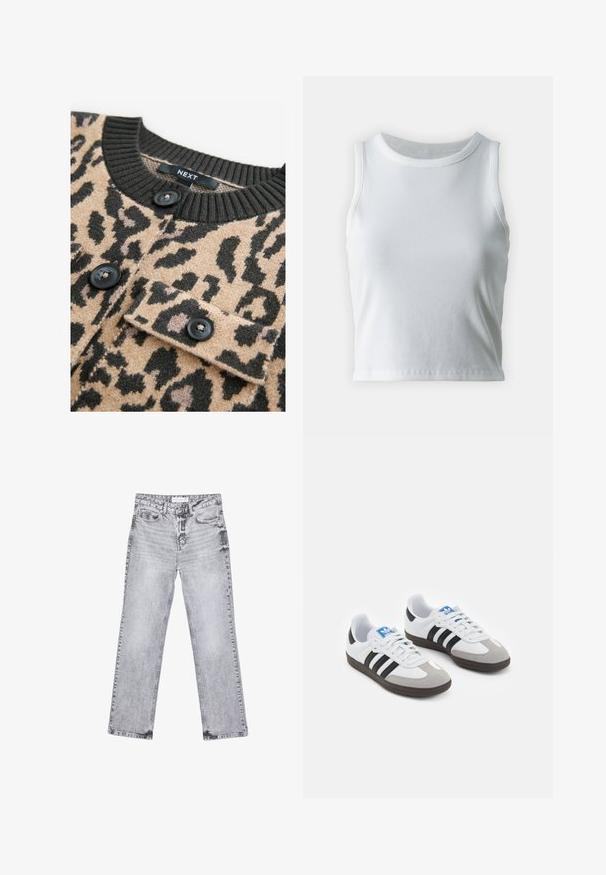 Bež pulover z črnimi leopardjimi lisami, rebrastim črnim ovratnikom in črnimi gumbi; ima žep na prsih z flapom.; Bela rebrasta majica brez rokavov z okroglo izrezom, s pravo hem in gladko, elastično strukturo.; Sive traperice z ravnim krojem, z obdelanimi detajli, petimi žepi in bakrenimi zakovicami. Pas ima oznako z logotipom.; Športni čevlji z belim usnjenim zgornjim delom, sivim semišem na prstih in tremi črnimi črtami. Imajo modro logo na jeziku in teksturiran gumijast podplat.