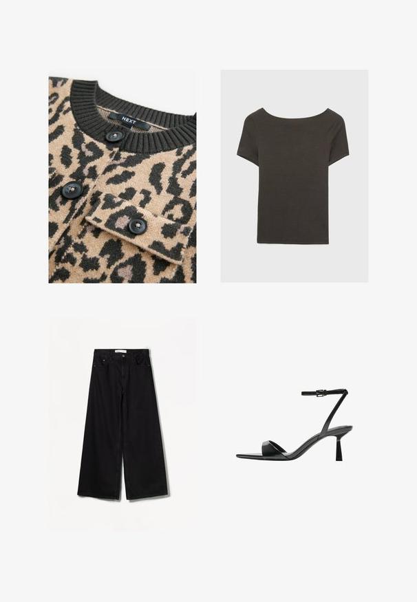 Beiger Pullover mit schwarzem Leopardenmuster, geripptem schwarzen Ausschnitt und schwarzen Knöpfen; ausgestattet mit einer Brusttasche mit Klappe.; Dunkelgraues Kurzarmoberteil mit Bootsausschnitt. Hergestellt aus geripptem Stoff, mit lockerer Passform und sauberem Saum. Einfaches Design, ohne Muster.; Bershka WIDE-LEG - Wide Leg - black; Bershka High Heel Sandalette - black