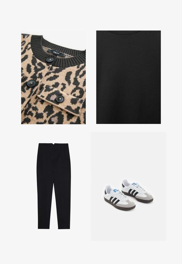 Beige sweater med sort leopardprint, ribbet sort halskant og sorte knapper; har brystlomme med klap.; Sort bomuldsstof med glat struktur og rund halsudskæring, prydet med et subtilt, jævnt kornmønster. Ingen synlige logoer eller accenter.; Sorte bukser lavet af et struktureret stof, med flad front, sidelommer og lige ben med en mellem høj talje.; Sportsko med en overdel i hvid læder, grå ruskind på tåen og tre sorte striber. Har et blåt logo på tungen og en struktureret gummisål.
