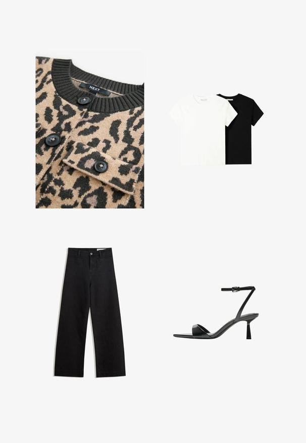 Beige neule, jossa on mustaa leopardikuosi, ribattu musta kaula-aukko ja mustat napit; varustettu rintataskulla, jossa on kansi.; Kaksi lyhythihaista t-paitaa, yksi valkoinen ja yksi musta, valmistettu puuvillasta. Molemmissa on pyöreä kaula-aukko ja yksinkertainen, klassinen muotoilu.; Mustat leveät farkut korkealla vyötäröllä, joissa on etu- ja takataskut, ommellut saumat ja nappisuljenta. Silkinoinen rakenne.; Bershka Korolliset sandaalit - black