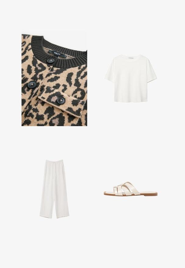 Bež džemper s crnim leopard uzorkom, rebrasti crni izrez i crni dugmići; ima džep na prsima s preklopom.; Bijela majica kratkih rukava od pamuka. Ima okrugli izrez i opušteni kroj. Glatka tekstura bez vidljivih uzoraka ili naglasaka.; Bijele hlače širokih nogavica napravljene od lagane tkanine. Imaju elastičan pojas s ušicom i bočne džepove. Glatka tekstura.; Ravne sandale s smeškom od gume, dizajnirane s tri preklapajuće bele kožne trake i malim detaljem mašne u sredini.