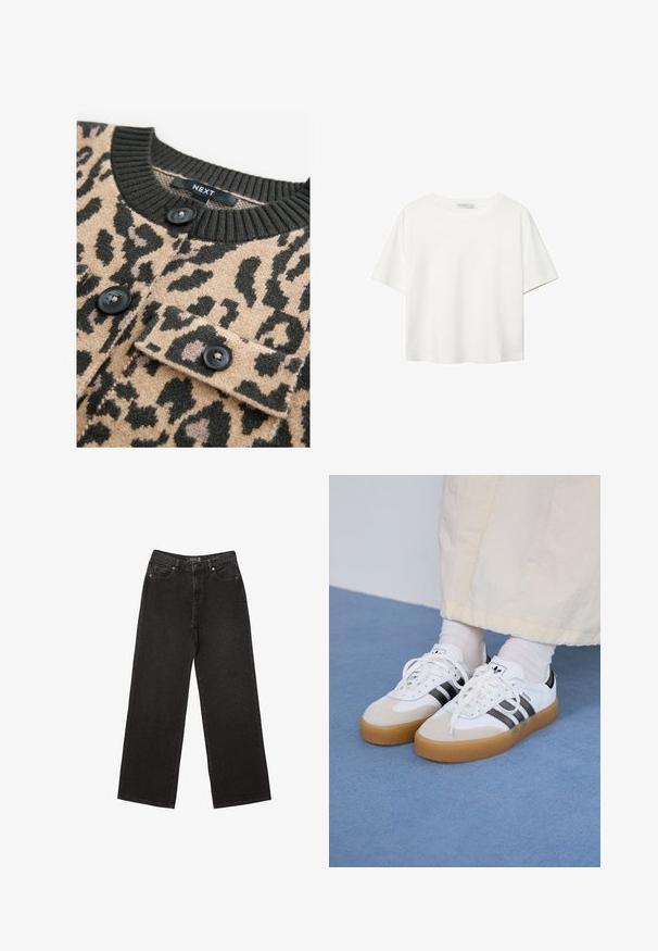 Beige sweater with black leopard print, ribbed black neckline, and black buttons; features chest pocket with flap.; White short-sleeve t-shirt made of cotton. Features a crew neckline and a relaxed fit. Smooth texture with no visible patterns or accents.; Black wide-leg jeans made of denim, featuring small dotted patterns, classic five-pocket design, and a button and zip fly closure.; White sneakers with black stripes and beige suede accents. Feature a textured gum sole and flat white laces, worn with light-colored socks.