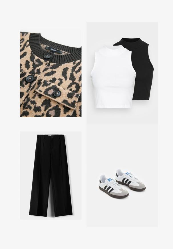 Beige trui met zwart luipaardprint, geribbelde zwarte halslijn en zwarte knopen; heeft een borstzak met klep.; Twee mouwloze ribgebreide coltruien in zwart en wit, met een slim fit ontwerp en een gladde textuur, met een cropped lengte.; Zwarte wijde broek van lichtgewicht stof, met een knoopsluiting aan de voorkant en een vlakke achterkant, afgewerkt met keurig gestikte zoom.; Sportschoenen met een witte leren bovenkant, grijze suède neus en drie zwarte strepen. Bevat een blauw logo op de tong en een gestructureerde rubberen zool.