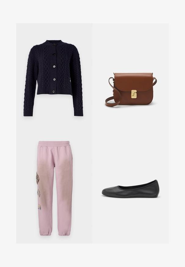 WEEKEND MaxMara AFOSI - Kardiganas - blu; Balta trumpa rankovėmis marškinėliai, pagaminti iš pasiruošusio audinio. Apvali iškirptė, reguliari tinkamumas ir subtilūs siuvimo detalės. Be raštų ar grafikos.; Rožinės sportinės kelnės su elastinga juosta, kairėje pusėje dekoruotos rombo formos aplikacijomis ir elastingais užkulniais.; Juodai odiniai baletai su apvaliu pirštu, lygi texture, minimalus siuvimo detales ir lanksčiu padų dizainu.; Ruda odinė rankinė su uždaromu dangteliu, aukso spalvos detalėmis, petneša ir lygiu paviršiumi. Kompaktiška stačiakampio formos.