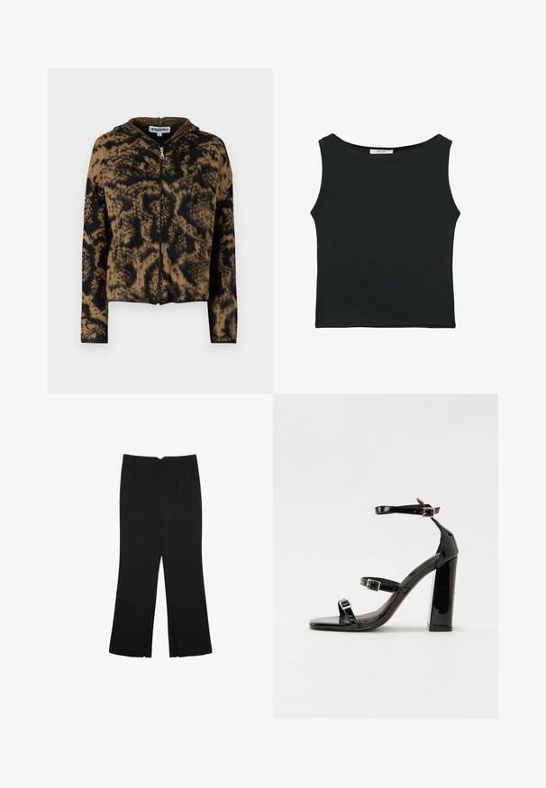 Ruskea ja musta vetoketjullinen huppari, jossa on leopardikuvio, ja joka on valmistettu teksturoidusta neulemateriaalista ja varustettu hupulla.; Mustat hihattomat paidat, jotka on valmistettu sileästä kankaasta. Paidassa on pyöreä kaula-aukko ja se on istuva ilman näkyviä kuvioita tai koristuksia.; Mustat housut suoralinjaisella leikkauksella, joissa on etutaskut ja sivurei'ät helman alla. Valmistettu pehmeästä ja sileästä kankaasta. Sopii eri tilaisuuksiin.; Musta kiiltävä korkokenkä sandaalit neliönmuotoisella varpaalla, nilkkaremmillä ja hopeisilla soljilla. Varustettu tukevalla lohkokorkealla vakauden takaamiseksi.