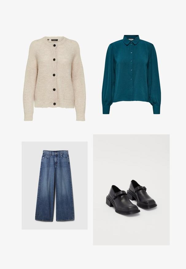 Cardigan tricotat de culoare bej deschis, cu decolteu rotund, nasturi negri și detalii cu nervuri la manșete și la tiv. Țesătură moale și texturată.; Bluză teal cu guler, închidere cu nasturi și mâneci lungi. Fabricată dintr-un material texturat, cu manșete plisate.; Blugi din denim albastru cu picioare largi, având un finisaj uzat, cu închidere prin buton și fermoar, cinci buzunare și curea.; Pantofi din piele neagră cu vârf rotunjit, talpă plată și o curea cu detaliu de cataramă. Toc gros pentru o stabilitate suplimentară.