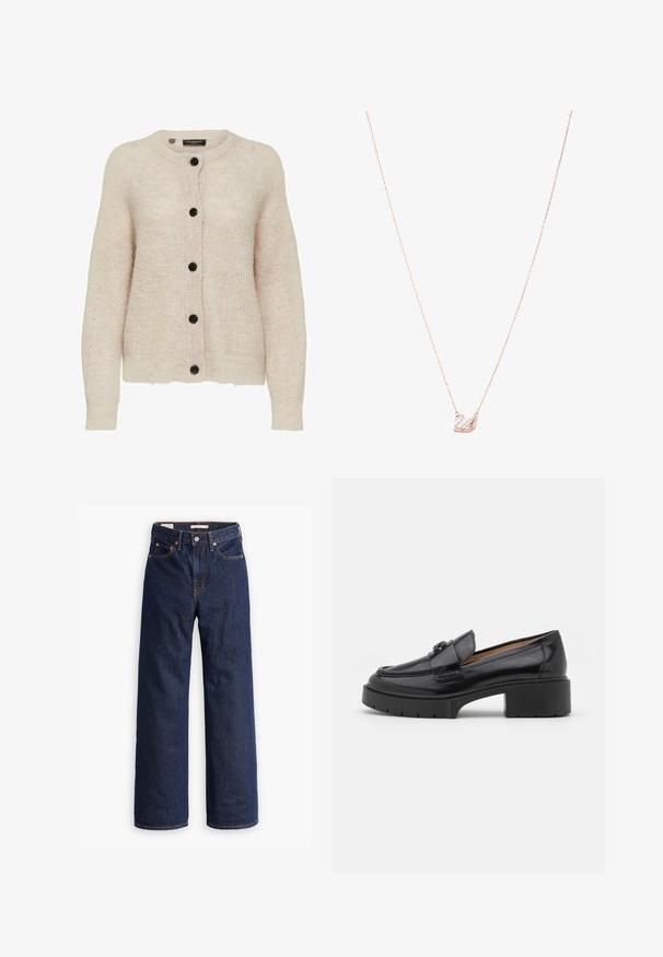 Light beige knitted cardigan with a round neckline, black buttons, and ribbed detailing on cuffs and hem. Soft, textured fabric.; Light blue blouse made of shiny fabric, featuring a classic collar, button front, puffed sleeves, and a tiered, ruffled hemline.; Dark blue straight-leg denim jeans with five pockets, orange stitching, and a button fly closure.; Black leather loafer with a low block heel, rounded toe, decorative strap, and textured stitching detail on the upper. Smooth finish.; Rose gold necklace with a swan pendant, embellished with clear crystals. The chain features a delicate link design.