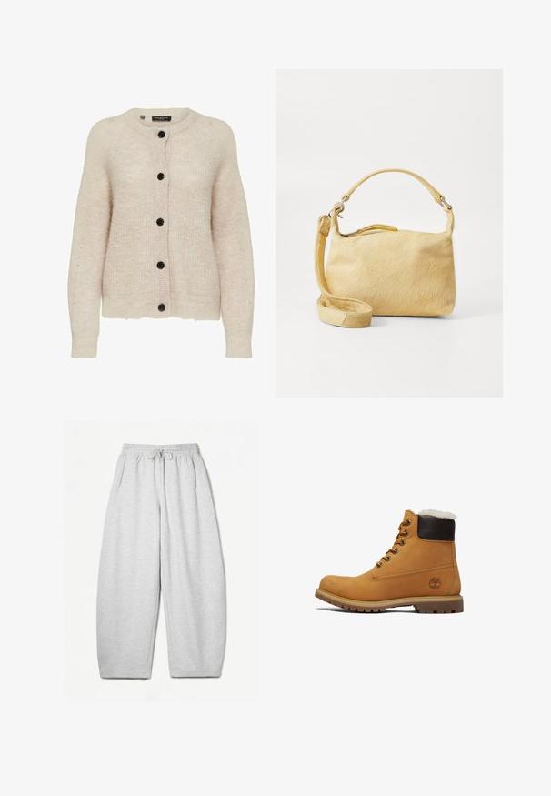 Lichtbeige gebreide cardigan met een ronde halslijn, zwarte knopen en ribbelstructuur op de manchetten en de zoom. Zacht, textuurgevend materiaal.; Bruine lange mouwen cardigan met een ronde halslijn en een knoopsluiting met zichtbare metalen drukknoopjes. Zacht, glad materiaal met een cropped zoom.; Lichtgrijze sweatpants met een ontspannen pasvorm, elastische tailleband, trekkoord en zijzakken; gemaakt van zachte, gestructureerde stof.; Tan leren enkellaars met een bruine verhoogde kraag, metalen oogjes en een gestructureerde, duurzame zool. Bevat een logo nabij de hak.; Geel nepbont handtas met een gladde textuur, ronde vorm, enkele handgreep en een lange verstelbare schouderriem. Voorzien van een bovenste ritsclosure.; Twee metalen zilveren ringarmbanden gemaakt van gepolijste bollen met een naadloos ontwerp. Elke armband heeft een uniforme ronde vorm en een gladde textuur.