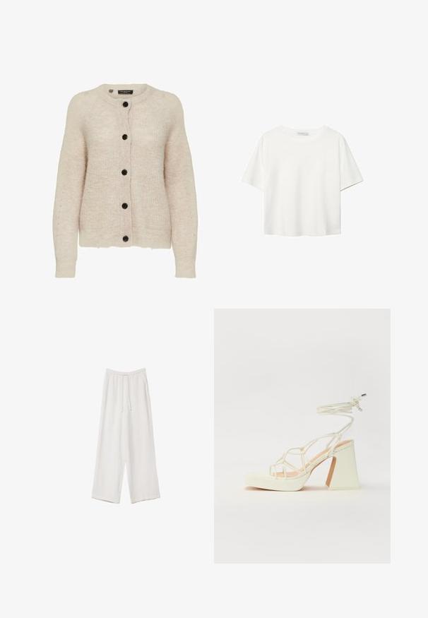 Svijetlosmeđi pleteni kardigan s okruglim izrezom, crnim gumbima i rebrastim detaljima na manžetama i rubu. Mekana, teksturirana tkanina.; Bijela majica kratkih rukava od pamuka. Ima okrugli izrez i opušteni kroj. Glatka tekstura bez vidljivih uzoraka ili naglasaka.; Bijele hlače širokih nogavica napravljene od lagane tkanine. Imaju elastičan pojas s ušicom i bočne džepove. Glatka tekstura.; Bijela sandala na visokoj potpetici s debelim petom, s remenom i vezanjem oko gležnja. Glatka tekstura s platformom sprijeda za dodatnu visinu.