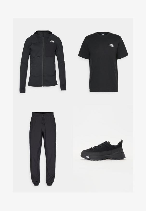 Black zip-up jacket with textured fabric, hood, and two side pockets, featuring a chest pocket with a black patch and a white logo.; Black cotton t-shirt with short sleeves, crew neck, and a small white logo on the left chest. Simple design, smooth texture, and relaxed fit.; Black athletic pants made from lightweight fabric, featuring a drawstring waistband, side pockets, and tapered cuffs at the ankles.; Black outdoor sneaker with a suede upper, textured rubber sole, and sturdy lacing system. Features a reinforced heel and brand logo on the side.