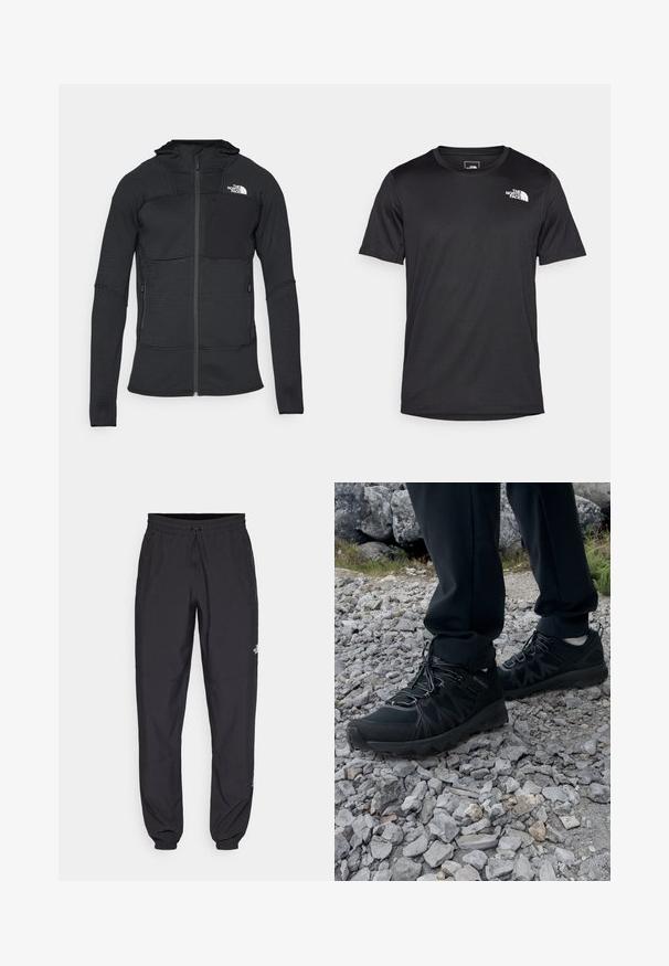 Chaqueta negra con cierre tipo zip, fabricada con un tejido texturizado, capucha y dos bolsillos laterales, que presenta un bolsillo en el pecho con un parche negro y un logo blanco.; Camiseta negra de manga corta hecha de tejido texturizado, con un pequeño logotipo blanco en la parte superior izquierda del pecho, escote redondo.; Pantalones deportivos negros hechos de un tejido ligero, con una cinturilla ajustable, bolsillos laterales y puños ajustados en los tobillos.; Zapatos exteriores negros con malla y material sintético, que presentan un upper texturizado, un sistema de cordones seguro y una suela robusta, sobre terreno rocoso.