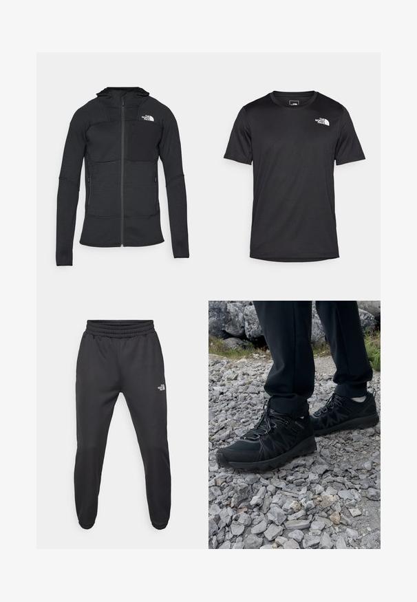 Giacca nera con zip, tessuto strutturato, cappuccio e due tasche laterali, caratterizzata da una tasca sul petto con una toppa nera e un logo bianco.; T-shirt nera a maniche corte realizzata in tessuto testurizzato, con un piccolo logo bianco nella parte superiore sinistra del petto, colletto rotondo.; Pantaloni sportivi neri con vita regolabile tramitecordino, vestibilità affusolata, polsini elasticizzati e un piccolo logo bianco sulla coscia sinistra, realizzati in tessuto morbido.; Scarpe da esterni nere realizzate in mesh e materiale sintetico, con una parte superiore testurizzata, un sistema di allacciatura sicuro e una suola robusta, su terreno roccioso.