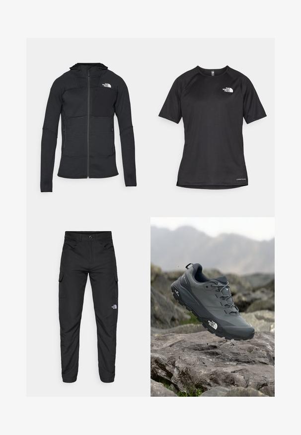 Black zip-up jacket with textured fabric, hood, and two side pockets, featuring a chest pocket with a black patch and a white logo.; Black short-sleeve athletic shirt with a textured fabric, featuring a white logo on the left chest and a straight hem.; The North Face HORIZON PANT - Outdoor trousers - black; Grey trail running shoe with a textured upper, durable rubber sole, and reinforced toe cap. Features laces and brand logo on the side.