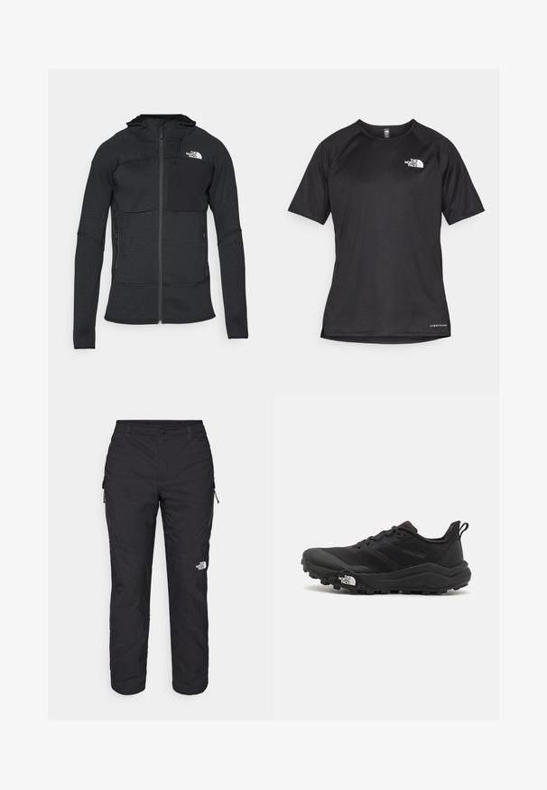 Fekete zipzáros dzseki, texturált anyagból, kapucnival és két oldalsó zsebbel, egy fekete folttal és fehér logóval ellátott mellzsebbel.; Fekete, rövid ujjú sportpóló struktúrált anyagból, bal mellen fehér logóval és egyenes aljjal.; The North Face WINTER EXPLORATION TAPERED CARGO - Szabadtéri nadrágok - black; Fekete terepfutó cipő, textúrált felső résszel, gumitalppal és megerősített lábujjrészével. Párnázott bokarésszel és húzófüllel rendelkezik a könnyű felhúzáshoz.