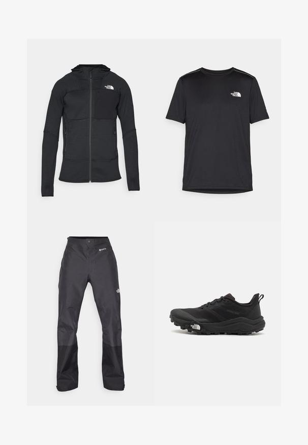 Crna zip-majica s teksturiranim materijalom, kapuljačom i dva bočna džepa, s grudnim džepom s crnom oznakom i bijelim logotipom.; Crna majica kratkih rukava izrađena od lagane tkanine. Ima mali bijeli logo na lijevoj strani grudi i suptilne naglaske na ramenima.; Crne vodootporne hlače s glatkom teksturom, s GORE-TEX logotipom sprijeda i ojačanim donjim dijelovima nogavica za izdržljivost.; Crne trail trkačke cipele s teksturiranim gornjim dijelom, gumeni potplat i ojačana zaštita za prste. Imaju podstavljen ovratnik i trakicu za lakše obuvanje.