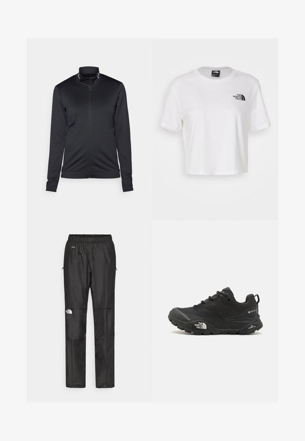 Melnā jaka ar rāvējslēdzēja priekšpusi, augstu apkakli un garām piedurknēm, izgatavota no gludas auduma. Iezīmējas ar smalku logo detaļu apkakles malā.; Balts īsais krekls izgatavots no kokvilnas ar apaļu kakla izgriezumu un īsām piedurknēm. Uz kreisā krūšu laukuma atrodas melns logos.; Melnas ūdensnecaurlaidīgas bikses, kas izgatavotas no viegla materiāla, ar elastīgu jostu, sānu kabatām un logotipu uz kreisās kājas.; Melnas pārgājienu kurpes ar teksturētu augšdaļu, sašņorējumu un masīvu gumijas zoli, kurai ir izteikts logotips sānos un protektora raksti.