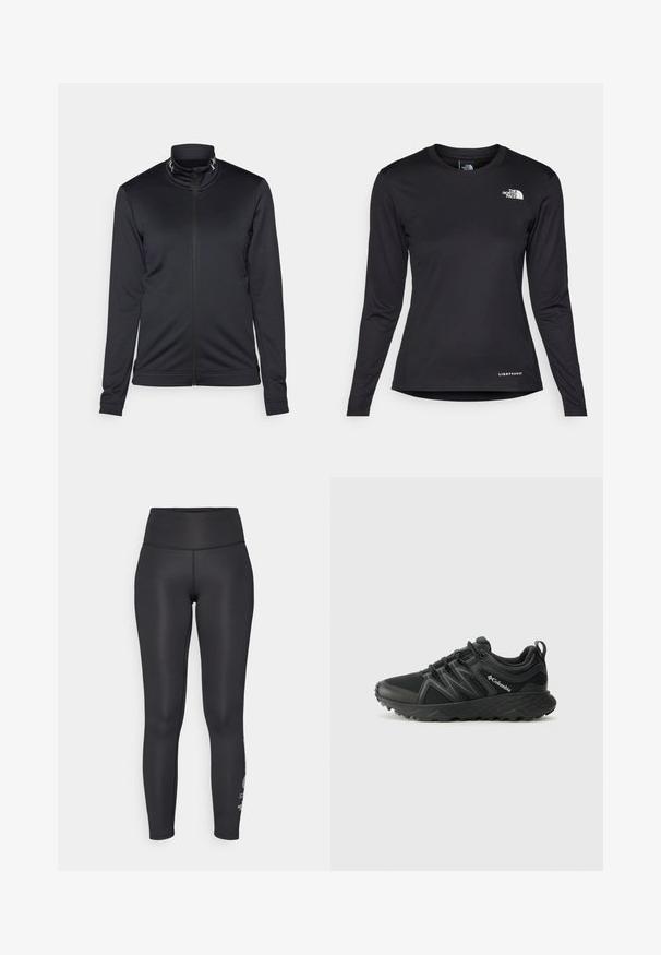 Giacca nera con zip frontale, colletto alto e maniche lunghe, realizzata in tessuto morbido. Presenta un discreto dettaglio del logo lungo il colletto.; The North Face SHADOW LONG SLEEVE - Maglietta a manica lunga - black; Leggings neri realizzati in materiale elastico, con vita alta, design aderente e dettagli stampati bianchi lungo la parte inferiore della gamba.; Columbia PEAKFREAK - Scarpa da hiking - black
