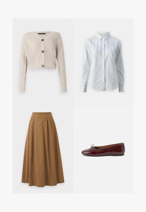 Cardigan scurt din tricot bej deschis, cu decolteu în V, mâneci lungi și două butoane mari maro în față. Material texturat.; Cămașă albă cu nasturi, confecționată din bumbac neted, având un guler clasic, mâneci lungi și un tiv curbat. Nasturii sunt mici și albi.; Fustă A-line din bumbac maro, cu talie înaltă, având pliseuri pe față și o textură netedă. Marginile sunt finisate curat și simplu.; Balerini din piele patent burgund cu vârful rotund, accent de fundiță mică în față și talpă joasă din cauciuc negru. Textură netedă.