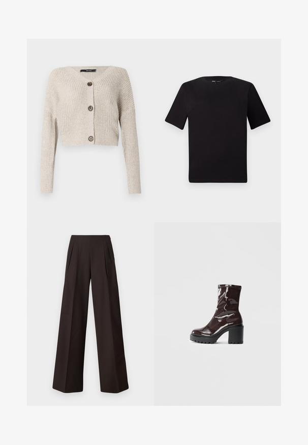 Korte cardigan in lichtbeige breiwerk, met een V-hals, lange mouwen en twee grote bruine knopen aan de voorkant. Gelaagd stof.; Zwarte T-shirt met korte mouwen en een ronde hals, gemaakt van zachte katoenstof. Eenvoudig ontwerp, geen zichtbare logo's of patronen.; Brede broekspijpen in donkerbruin stof, met een hoge taille, geplooid voorpand en een gladde textuur. Geen zichtbare zakken of versieringen.; Glanzende bordeauxrode enkelboot met een chunky zwarte hak, met een gladde textuur en een eenvoudig ontwerp. Geen zichtbare sluitingen of patronen.