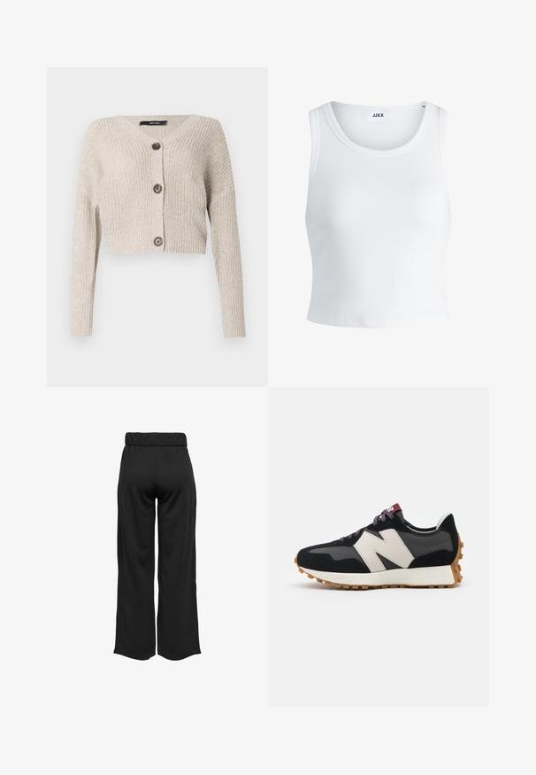 Skrócony kardigan w jasnobeżowym kolorze z dzianiny, z dekoltem w kształcie V, długimi rękawami i dwoma dużymi brązowymi guzikami z przodu. Teksturowany materiał.; Biały prążkowany top na ramiączkach z okrągłym dekoltem, bez rękawów i skróconej długości. Metka z napisem "JJXX." Gładka faktura materiału.; Czarne, szerokie spodnie z elastycznym pasem, wykonane z gładkiego materiału. Charakteryzują się prostym wzornictwem, bez kieszeni i widocznych szwów.; Czarno-szare zamszowe sneakersy z dużym kremowym logo "N", purpurowymi sznurówkami i teksturowaną gumową podeszwą.
