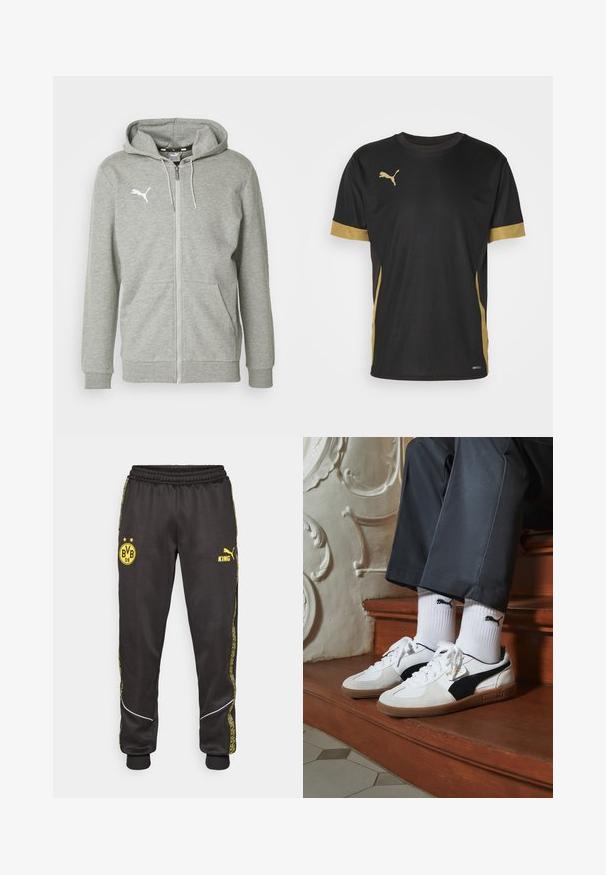 Hanorac gri cu fermoar, fabricat dintr-un material moale, având un buzunar tip cangur și manșete ribbed. Logo-ul alb de pe pieptul stâng adaugă detalii.; Tricou sport negru cu accente aurii pe mâneci și lateral. Dispune de guler rotund, mâneci scurte și țesătură DRYCELL care absoarbe umiditatea.; Pantaloni de trening negri cu logo-urile galbene Borussia Dortmund BVB 09 și Puma King, talie elastică și dungi laterale galbene cu model.; Adidași Puma din suede alb și negru, cu o talpă din cauciuc maro. Asortați cu șosete albe care au un logo negru, purtate cu pantaloni închiși la culoare.