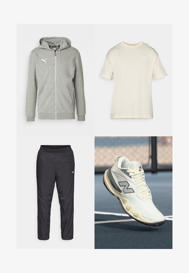 Grijze zip-up hoodie van zacht materiaal, met een kangaroezak en ribgebreide manchetten. Witte logo op de linkerborst voegt detail toe.; Korte mouwen crème T-shirt gemaakt van zachte katoen, met een ronde hals en een klein geborduurd logo op de borst. Gladde textuur, relaxte pasvorm.; Zwarte sportbroeken gemaakt van glad, lichtgewicht materiaal. Heeft een elastische tailleband en een klein wit logo aan de linkerkant.; Witte sportschoen met een textuur oppervlak, grijze accenten en een kenmerkende gebogen zool. Uitgerust met geweven veters en een merklogo aan de zijkant.