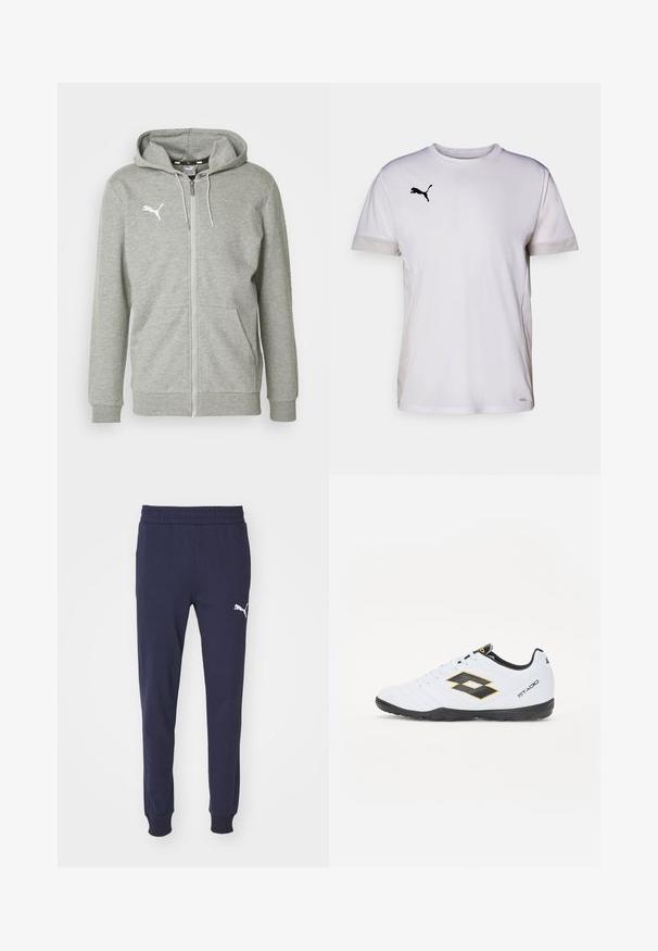 Pelēks zip-up džemperis, izgatavots no mīksta auduma, ar kangoru kabatu un ribotām piedurknēm. Baltais logo uz kreisā krūšu laukuma piešķir detaļu.; Balta īsām piedurknēm sporta krekls ar apaļu kakla izgriezumu, ar elpojošiem acs akcentiem sānos un melnu Puma logotipu krūtīs.; Tums ziloņu sporta bikses ar elastīgu jostu, sašaurinātiem svārkiem un baltu Puma logotipu kreisajā augšstilbā. Gluda, maiga auduma tekstūra.; Baltas sporta apavus ar melniem un dzelteniem akcentiem, ar teksturētu virsmu, apaļu purngalu un melnu gumijas zoli. Dizainā ir iekļauts logo elements sānos.