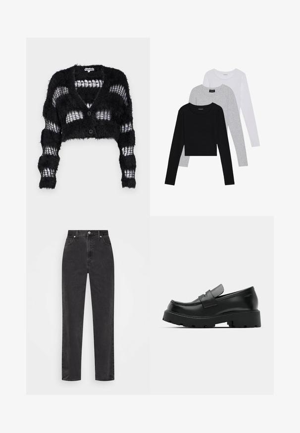 The Ragged Priest REALM CARDI - Cardigan - black; Tre lange ermer t-skjorter stablet: svart, grå og hvit. Hver har en rund hals og et kort design med glatt, lett stoff.; Sorte denim jeans med høy midje, rett ben, frontknapp og glidelås, og fem-lomme stil på en hvit bakgrunn.; Sorte skinnloafers med en tykk, teksturert såle, som har en stropp over vamps og en glatt, polert finish.
