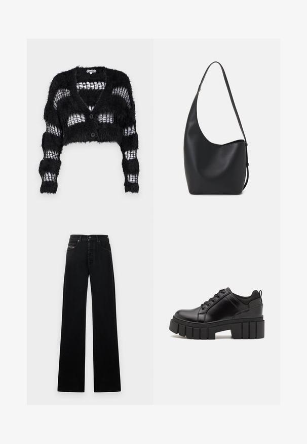 The Ragged Priest REALM CARDI - Casaco de malha - black; T-shirts preto e branco, de decote redondo e mangas curtas. A camisa preta apresenta um bordado de sol amarelo; a branca tem um detalhe de lua crescente roxa.; Jeans pretos de perna larga feitos de ganga, com fecho frontal de botão, cinco bolsos e um pequeno emblema no cós.; Sapatos de plataforma em couro preto com um salto bloco robusto, bico redondo e design clássico de atacadores. Apresentam uma textura suave e detalhes mínimos.; Saco hobo preto em pele com uma textura lisa, forma curva e uma única alça ajustável; apresenta uma abertura larga na parte de cima.