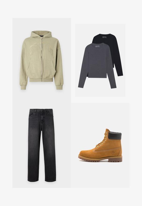 Kapuzen-Zipfeljacke aus leicht olivgrünem Baumwollstoff, mit einer Kängurutasche und metallic-goldenen Textdetails auf der Brust.; YOURTURN 2 PACK UNISEX - Langarmshirt - dark grey/black; Dunkelgraue Denim-Jeans mit geradem Bein, ausgestattet mit einem Reißverschluss, fünf Taschen und subtilen Verblassungen auf dem Stoff.; Beige Wildleder-Ankle-Boot mit schwarzem gepolstertem Kragen, goldenen Metallösen, weißen Nähdetalben und einer robusten Gummisohle mit ausgeprägtem Profil.