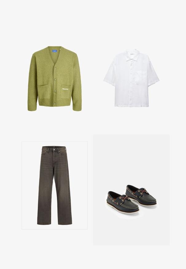 Zielony sweter z dzianiny, z dekoltem w kształcie litery V, pięcioma guzikami i dwiema przednimi kieszeniami. Ma ribbowe mankiety i dół, z delikatnym haftem logo.; Biała koszula z krótkim rękawem, z zapięciem na guziki z przodu, kołnierzykiem i jedną kieszenią na piersi. Wykonana z lekkiego materiału o gładkiej fakturze.; Szerokie dżinsy w ciemnoszarym denimu, z wysokim stanem, klasycznym pięciopocketowym wzorem i kontrastowym przeszyciem wzdłuż szwów.; Morskie skórzane buty żeglarskie z żółtym przeszyciem, czerwonymi sznurówkami i srebrnymi oczkami; okrągły czubek; biała gumowa podeszwa.