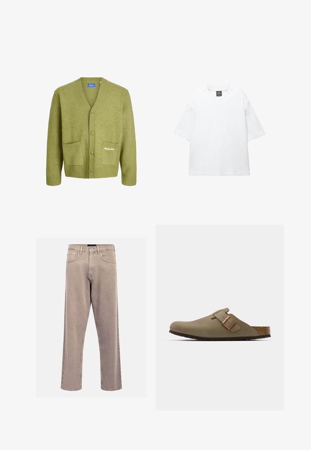 Zelený pletený cardigan s výstřihem do V, pěti knoflíky a dvěma předními kapsami. Má žebrované manžety a lem, s jemnou vyšitou logem.; Bílý krátký rukáv tričko vyrobené z bavlny, s kulatým výstřihem a volným střihem se rovním lemem. Bez vzorů nebo zdobení.; Beige džíny rovného střihu vyrobené z denimu, s klasickým designem pěti kapes, prošitými akcenty a čistým zakončením nohavic.; Hnědé dřeváky s hladkým matným povrchem. Na boku mají výraznou bronzovou sponu. Korek a gumová podrážka pro pohodlí.