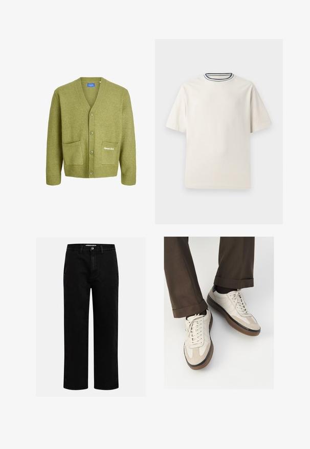 Zelený pletený cardigan s V-výstrihom, piatimi gombíkmi a dvomi prednými vreckami. Obsahuje rebrované manžety a lem, s jemným vyšitým logom.; Krémové bavlnené tričko s krátkymi rukávmi, s okrúhlym výstrihom doplneným námorníckymi a bielymi pruhmi. Hladká textúra, voľný strih.; Čierne džínsové nohavice so strihom rovného nohu, klasickým dizajnom s piatimi vreckami a gombíkovým zapínaním v páse. Hladká textúra a odolná tkanina.; Béžové tenisky s textúrovanou zamšovou prednou časťou, hladkými koženými bočnými stranami a hnusou gumovou podrážkou. Obsahujú šnúrky a svetlé stehy ako detail.