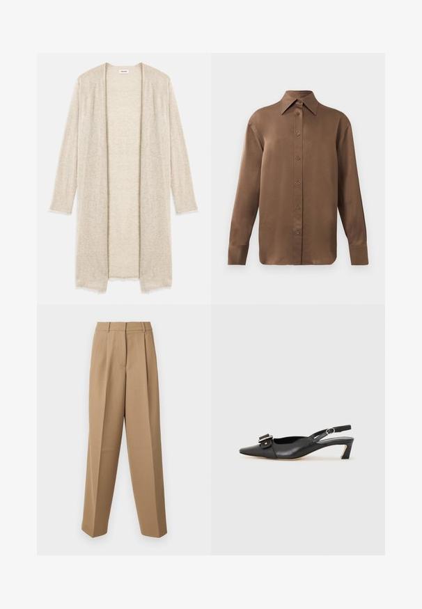 Beżowy kardigan dzianinowy z otwartym przodem, długimi rękawami i skomplikowanym wzorem z wycięciami. Nieco postrzępione krawędzie dla dodania tekstury.; Brązowa, długosleeve koszula z guzikami, z ostrym kołnierzykiem i mankietami, prezentowana na jednolitym białym tle.; Beżowe spodni z wysokim stanem, z przodem plisowanym i szerokimi nogawkami. Materiał wydaje się gładki z delikatnym połyskiem.; Czarne skórzane buty typu slingback z ostrym noskiem, małym obcasem i ozdobnym zapięciem na górze. Gładka faktura, minimalistyczny design.