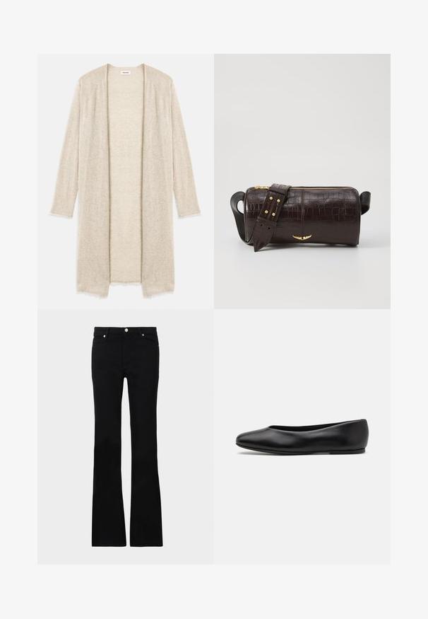 Pleteni bež kardigan z odprtim sprednjim delom, dolgimi rokavi in zapletenim vzorcem izrezov. Rahlo strgani robovi za dodano teksturo.; Bela dolgimi rokavi majica s krožnim izrezom in majhno oznako "Tiger of Sweden" na vratu na enobarvni podlagi.; Črne zvonaste kavbojke iz denima, ki imajo dve sprednji žepi, gumbasto zapiranje in gladko teksturo. Oznaka zašite vidna na šivih.; Paul Smith TOPANGA - Balerinke - black; Brah blaženka iz rjavega usnja z embosiranim krokodilom, cilindrične oblike, zlatih kovinskih elementov in odstranljivim pasom, ki vsebuje žebljičke.