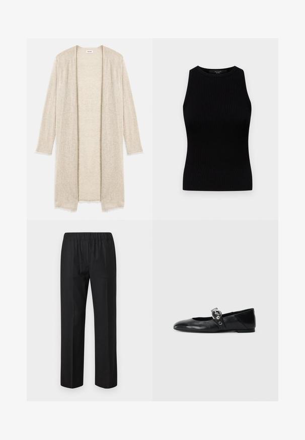 Cardigan bej tricotat, cu deschidere frontală, mâneci lungi și un model complex de decupaj. Margini ușor destrămate pentru o textură suplimentară.; Weekend Max Mara OLIMPO - Top - nero; Pantaloni negri cu un elastic în talie, design cu picior drept și fără buzunare vizibile. Material neted cu un finisaj mat.; Balerini din piele neagră, cu vârful ascuțit, având o curea cu o cataramă metalică circulară și o talpă plată.