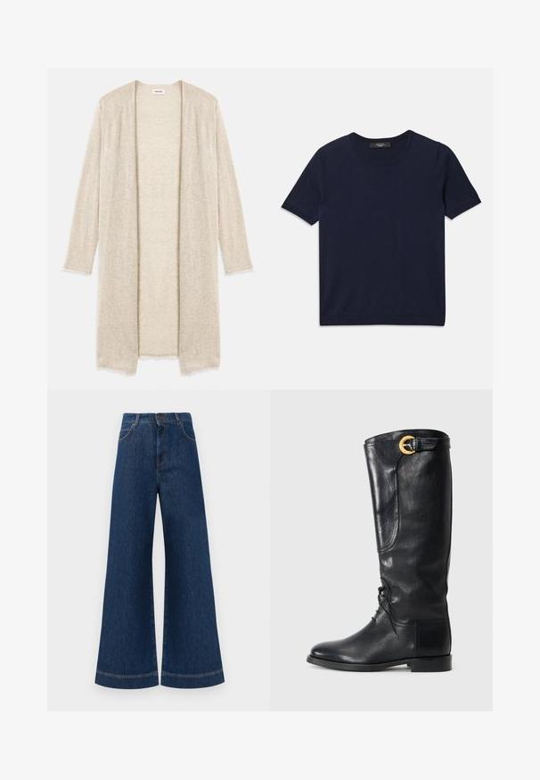Knit beige cardigan with an open front, long sleeves, and intricate cut-out pattern. Slightly frayed edges for added texture.; Navy blue short-sleeve T-shirt made of soft fabric, featuring a round neckline and ribbed edges, smooth texture, and no visible patterns.; Wide-leg blue denim jeans with a high waist, featuring a button closure, belt loops, and subtle stitching details along the pockets and hems.; Black leather knee-high boot with a rounded toe, lace-up front, side detail, and a gold accent buckle at the top. Smooth texture.