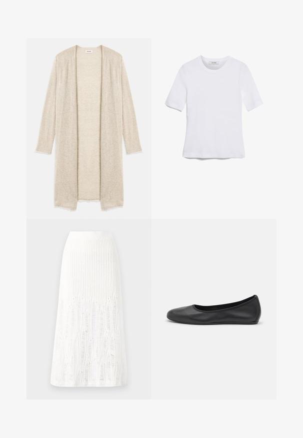 Cardigan beige tricoté avec une ouverture à l'avant, des manches longues et un motif découpé complexe. Bords légèrement effilochés pour plus de texture.; T-shirt blanc à manches courtes en tissu côtelé. Col rond, coupe régulière et détails de couture subtils. Aucune motif ni graphique.; Jupe midi en tricot blanche présentant un motif texturé avec des lignes verticales et des découpes près de l'ourlet. Taille élastique. Matériau doux.; Ballerines en cuir noir avec un bout rond, texture lisse, détails de couture minimalistes et design de semelle flexible.