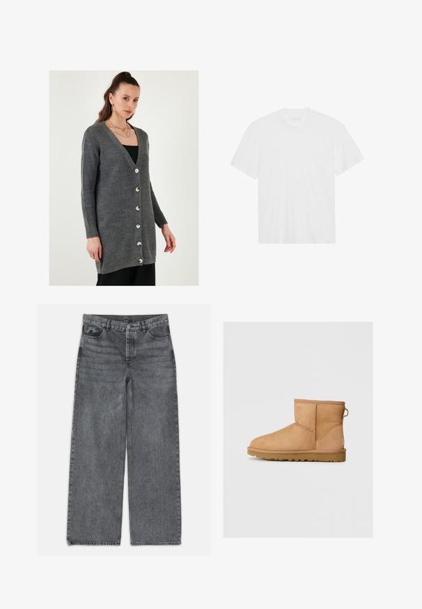 Hallitatud hall kardigan V-kaelusega, pikkade varrukatega ja esistustega nupud. Omab ribakudet ja siledat, läikivat nupustikku.; Valge puuvillane T-särk lühikeste varrukatega, klassikalise ümarika kaelusega ja sirge allääriga. Sile tekstuur, minimalistlik disain, ilma mustrite või accsentideta.; Laia püksid tumedas hallis denimis. Omavad kõrget vööd, viit taskut ning esist nööbist sulgemist. Sile pind kerge kulumisega.; Taani nahast ankle-saapad ümarate varvastega, tikandi detailide ja tagumise tõmbluku kohta, tekstuuriga kummist tallaga. Kujundatud mugavuseks ja soojuseks.