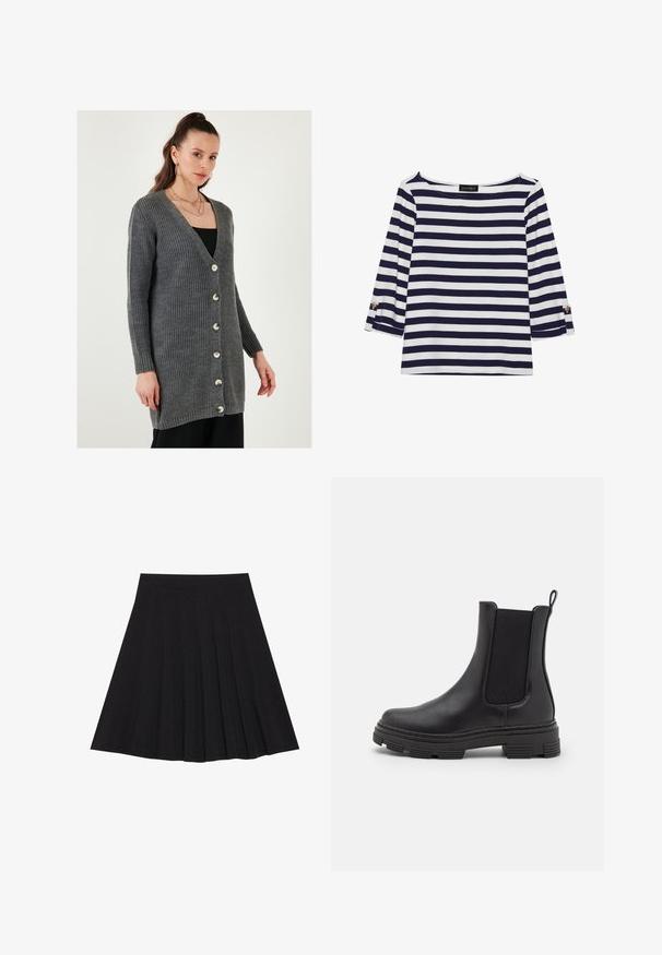 Siva pletena kardigan z V-izrezom, dolgimi rokavi in sprednjimi gumbi. Ima rebrasto teksturo in gladke, sijoče detajle gumbov.; Mornarsko modra in bela črtasta majica z dolgimi rokavi, z vratnim izrezom v obliki čolna in zlatimi gumbi na zavihkih rokavov. Mehka tkanina, sproščen kroj.; Črna plisirana krila iz strukturiranega materiala s prilegajočim pasom. Segajo do kolen in ponujajo gladko, čisto silhueto.; Črne usnjene gležnjarje z elastiko na straneh, zaobljenim prstom in teksturiranim gumijastim podplatom. Imajo zanko na zadnji strani za enostavno obuvanje.