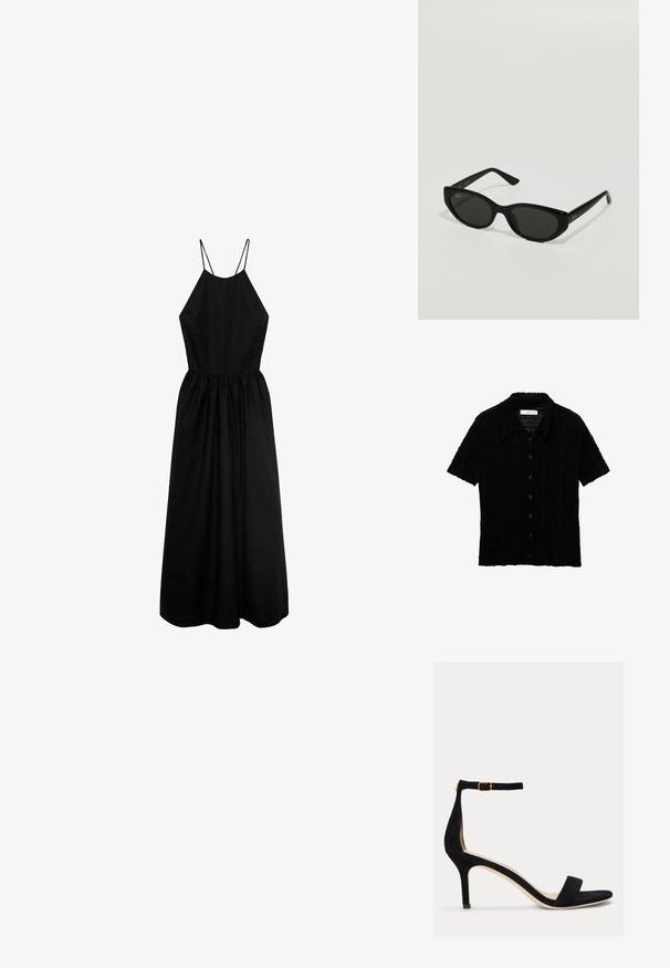 Čierna košeľa s krátkym rukávom a golierom, textúrovaná tkanina s mriežkovým vzorom a zapínanie na prednej strane na gombíky.; Čierna bezrukávová šaty s vysokým výstrihom, priliehavým telom a nariasenou sukňou. Vyrobené z hladkej tkaniny, s tenkými ramienkami.; Lauren Ralph Lauren ALLIE MID HEEL SUEDE SANDAL - Sandále - black; Čierne slnečné okuliare s úzkym, mačacím tvarom. Vyrobené z hladkého plastu, s tmavými sklami a jemnými logo akcentami na spánkoch.