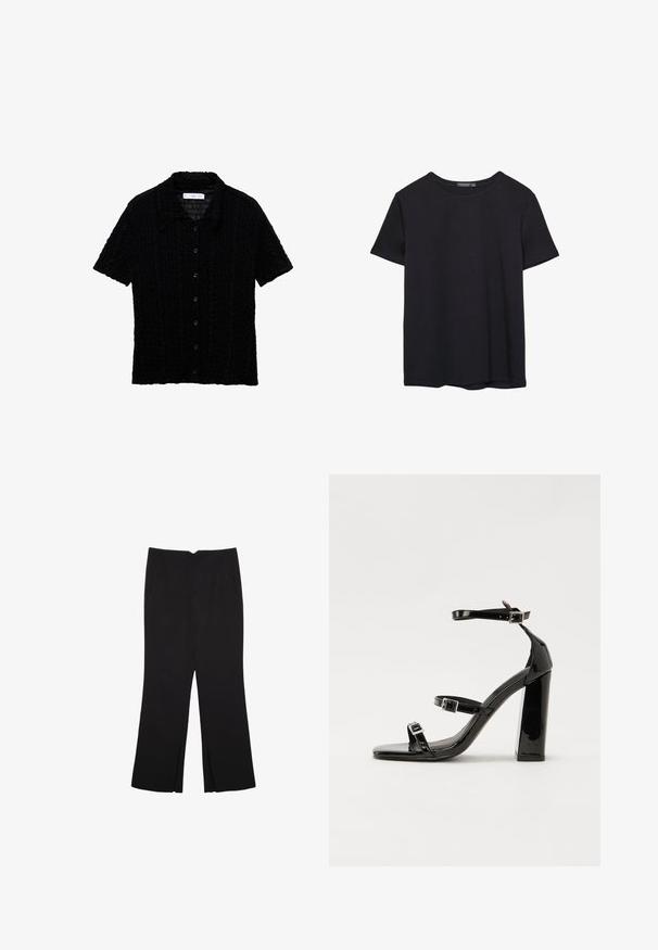 Črna kratka majica s kratkimi rokavi z ovratnikom, teksturirana tkanina z vzorcem mreže in sprednjim zapiranjem na gumbe.; Enostavna črna bombažna majica s kratkimi rokavi in okroglim izrezom, prikazana na belem ozadju.; Črne hlače ravnega kroja z naglavnimi žepi in stranskimi razporki na robu. Narejene iz mehke, gladke tkanine. Primerne za različne priložnosti.; Črne lakaste sandale z visokimi petami, z dvema trakovoma z zaponkama, kvadratnim sprednjim delom in masivno širšo peto, z gladko, sijočo teksturo.