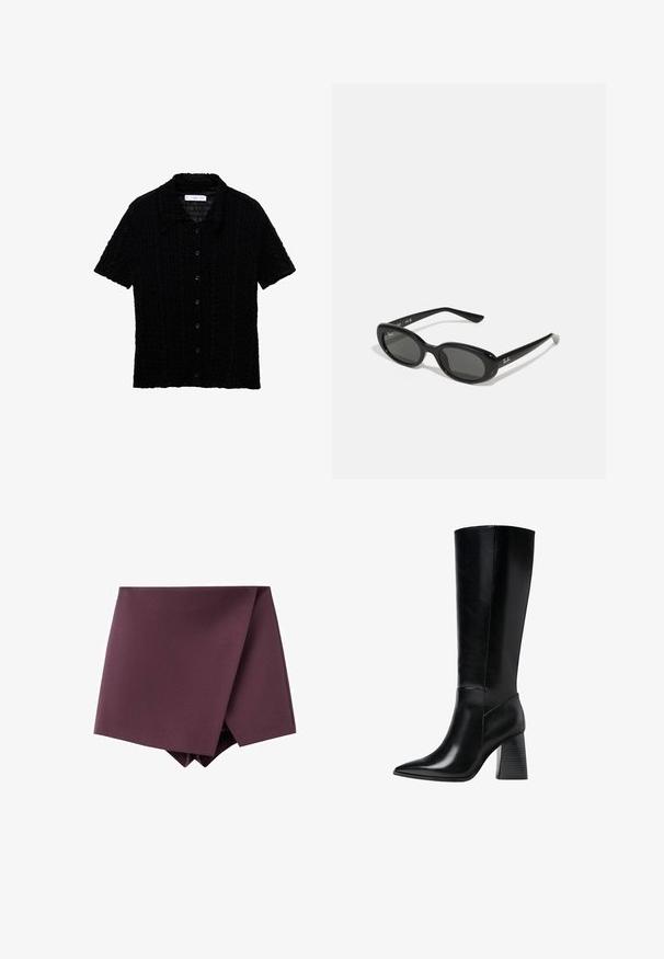 Czarna koszula z krótkim rękawem z kołnierzykiem, wykonana z fakturowanego materiału z wzorem w kratkę, z zapięciem na guziki z przodu.; Koszulka polo z krótkim rękawem w głębokim burgundowym kolorze, wykonana z teksturowanej tkaniny, z dekoltem w kształcie litery V, trzema guzikami oraz usztywnionym kołnierzykiem.; Ciemnofioletowa asymetryczna mini spódnica z zapinanym przodem i gładką teksturą materiału.; Czarne skórzane botki do kolan z wąskim noskiem, gładką teksturą oraz masywnym, żłobionym obcasem dla stabilności. Elegancki design z minimalnymi akcentami.; Czarne okulary przeciwsłoneczne z owalnymi soczewkami, błyszcząca plastikowa oprawa i smukłe zauszniki. Posiadają białe logo Ray-Ban po boku.